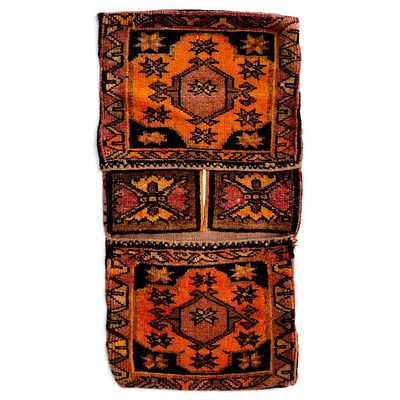 ANTIQUE TRIBAL "KHORJIN" SADDLEBAG IN WOOL - HANDWOVEN NOMADIC ART. Authentic traditional double 