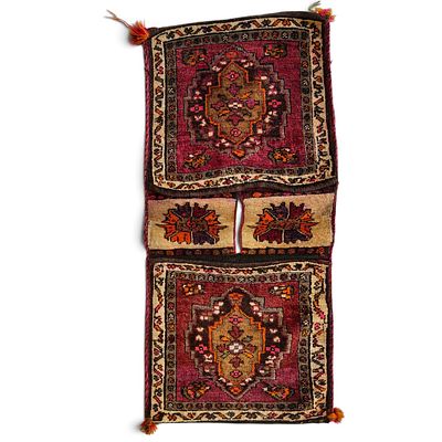 ANTIQUE TRIBAL WOOL "KHORJIN" SADDLEBAG - HAND-WOVEN NOMADIC ART. Rare traditional double 