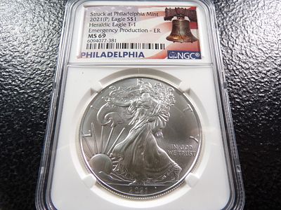 2021 (P) NGC MS69 EMERGENCY PRODUCTION HERALDIC EAGLE T-1 SILVER EAGLE DOLLAR. CLICK THE LINK 