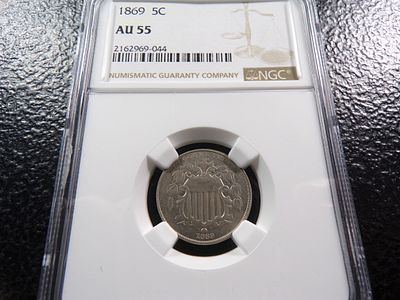 1869 NGC AU 55 SHIELD NICKEL. CLICK THE LINK FROM YOUR INVOICE TO PAY... INVOICES ARE EMAILED 