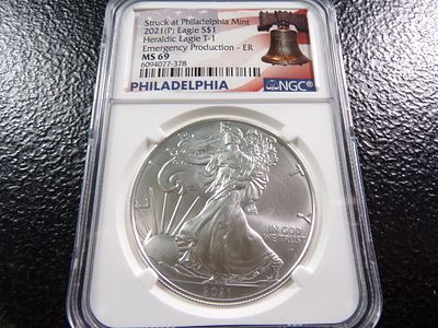 2021-P NGC MS69 HERALDIC EAGLE T-1 EMERGENCY PRODUCTION SILVER EAGLE DOLLAR. CLICK THE LINK FROM 