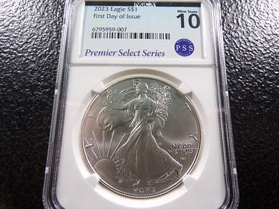 2023 NGC MINT STATE 10 FIRST DAY OF ISSUE AMERICAN SILVER EAGLE DOLLAR PREMIER SELECT SERIES. CLI 