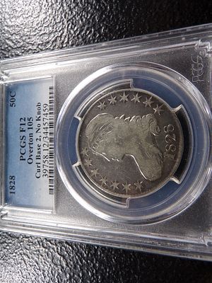 1828 PCGS F12 OVERTON 105 CURL BASE 2, NO KNOB CAPPED BUST SILVER HALF DOLLAR. CLICK THE LINK 