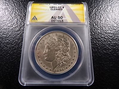 1891-CC ANACS AU50 DETAILS CARSON CITY MORGAN SILVER DOLLAR CLEANED. CLICK THE LINK FROM YOUR 