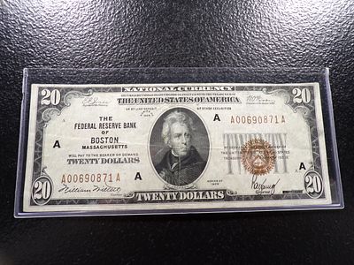 1929 NATIONAL CURRENCY $20 BANK OF BOSTON MASSACHUSETTS FEDERAL RESERVE NOTE. CLICK THE LINK 