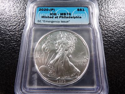 2020-P ICG MS70 EMERGENCY ISSUE AMERICAN SILVER EAGLE DOLLAR. CLICK THE LINK FROM YOUR INVOICE 