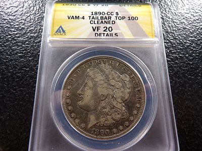 1890-CC ANACS VF20 BAM-4 TAILBAR TOP 100 CARSON CITY MORGAN SILVER DOLLAR CLEANED. CLICK THE 