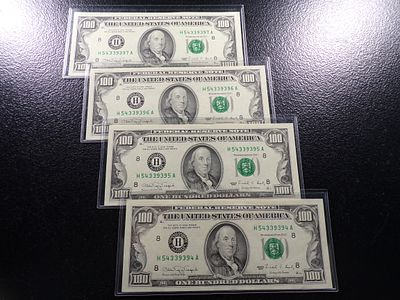 1990 GREEN SEAL SET OF 4 CONSECUTIVE SERIAL NUMBERS BANK OF ST. LOUIS MO. $100 FEDERAL RESERVE 