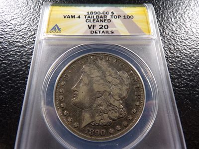 1890-CC ANACS VF20 CARSON CITY MORGAN SILVER DOLLAR VAM-4 TAILBAR TOP 100 CLEANED. CLICK THE 