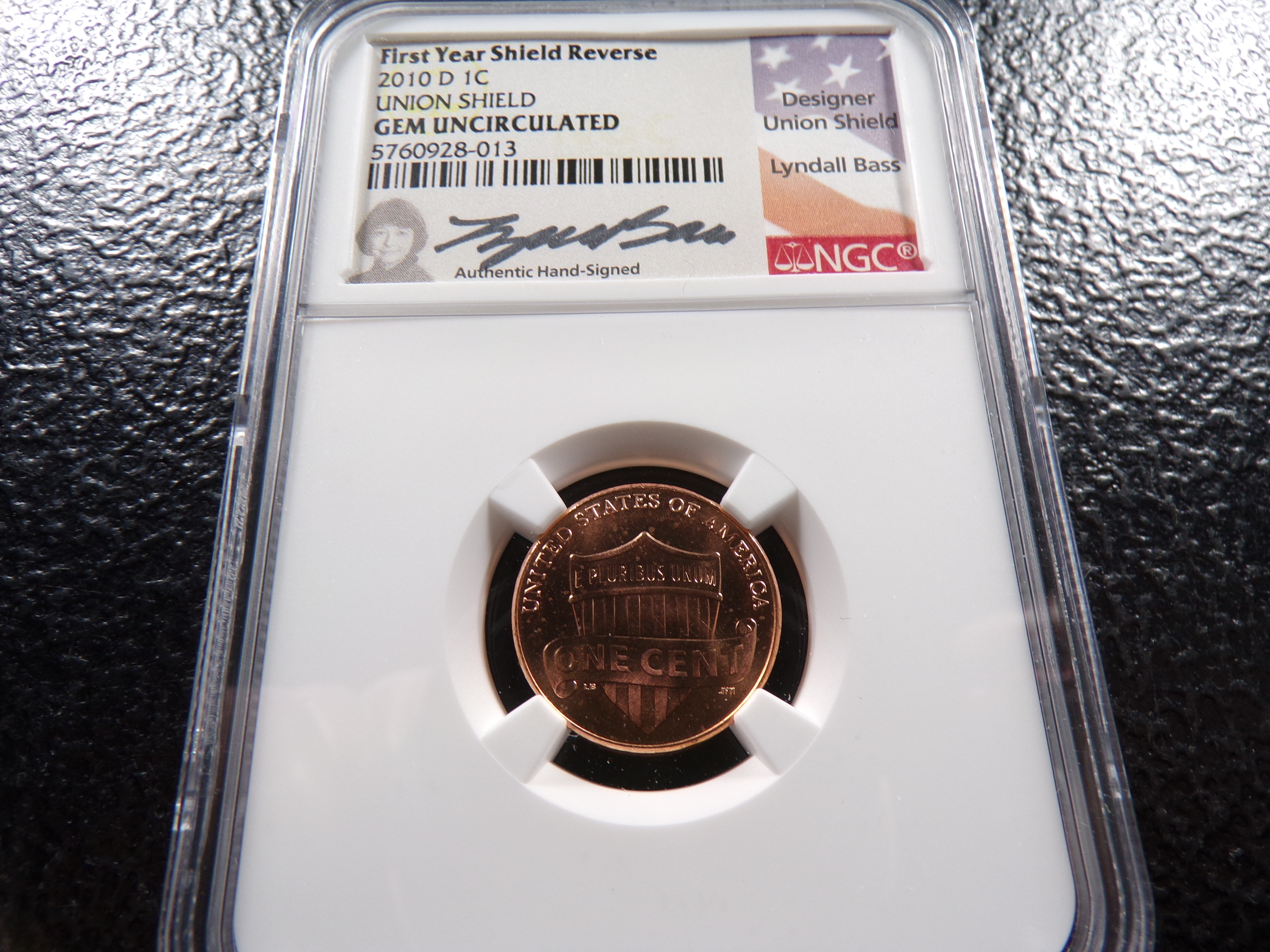 2010-D NGC GEM UNC. SIGNED FIRST YEAR UNION SHIELD REVERSE LINCOLN CENT