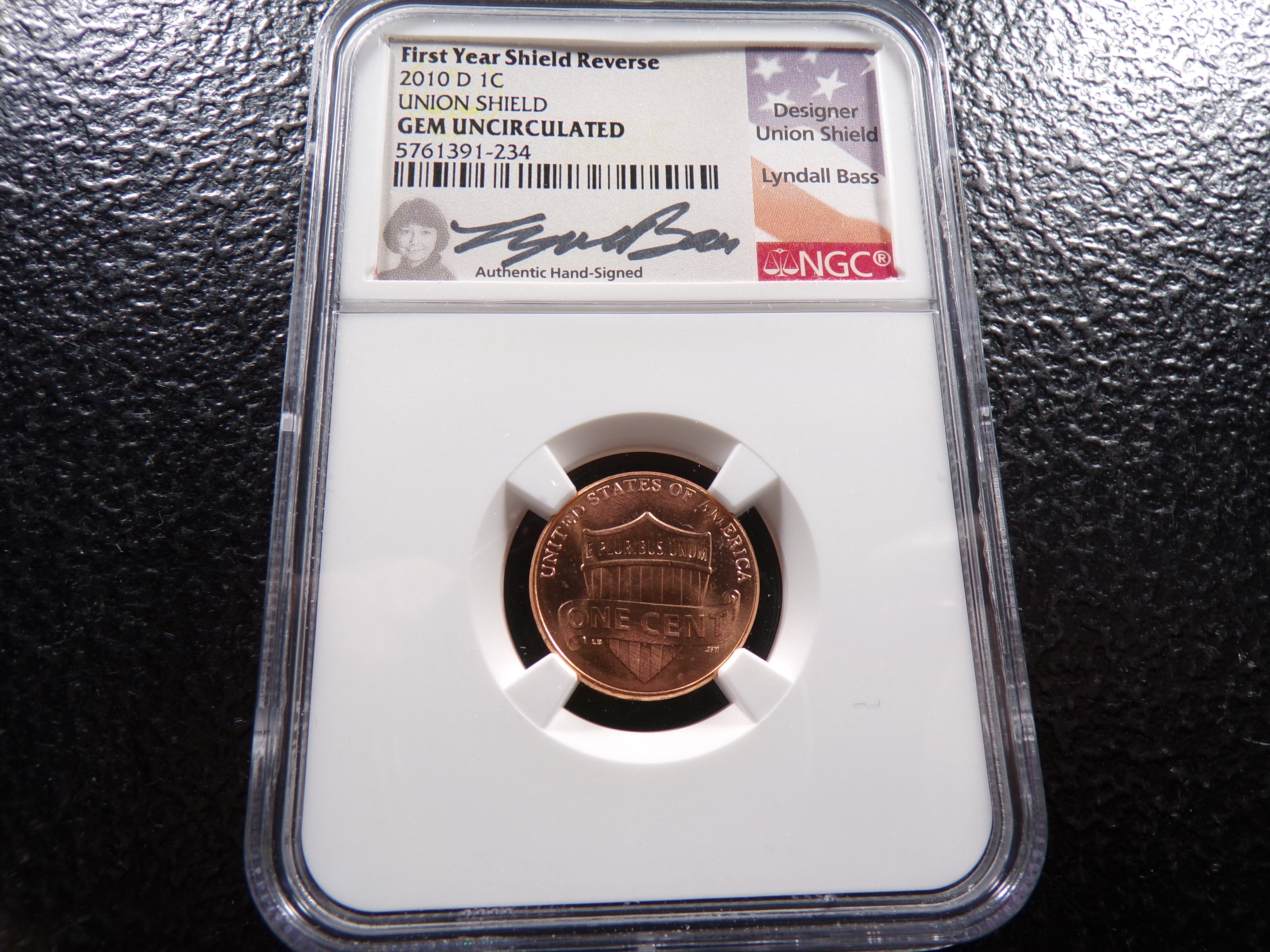 2010-D NGC GEM UNC. SIGNED FIRST YEAR UNION SHIELD REVERSE LINCOLN CENT