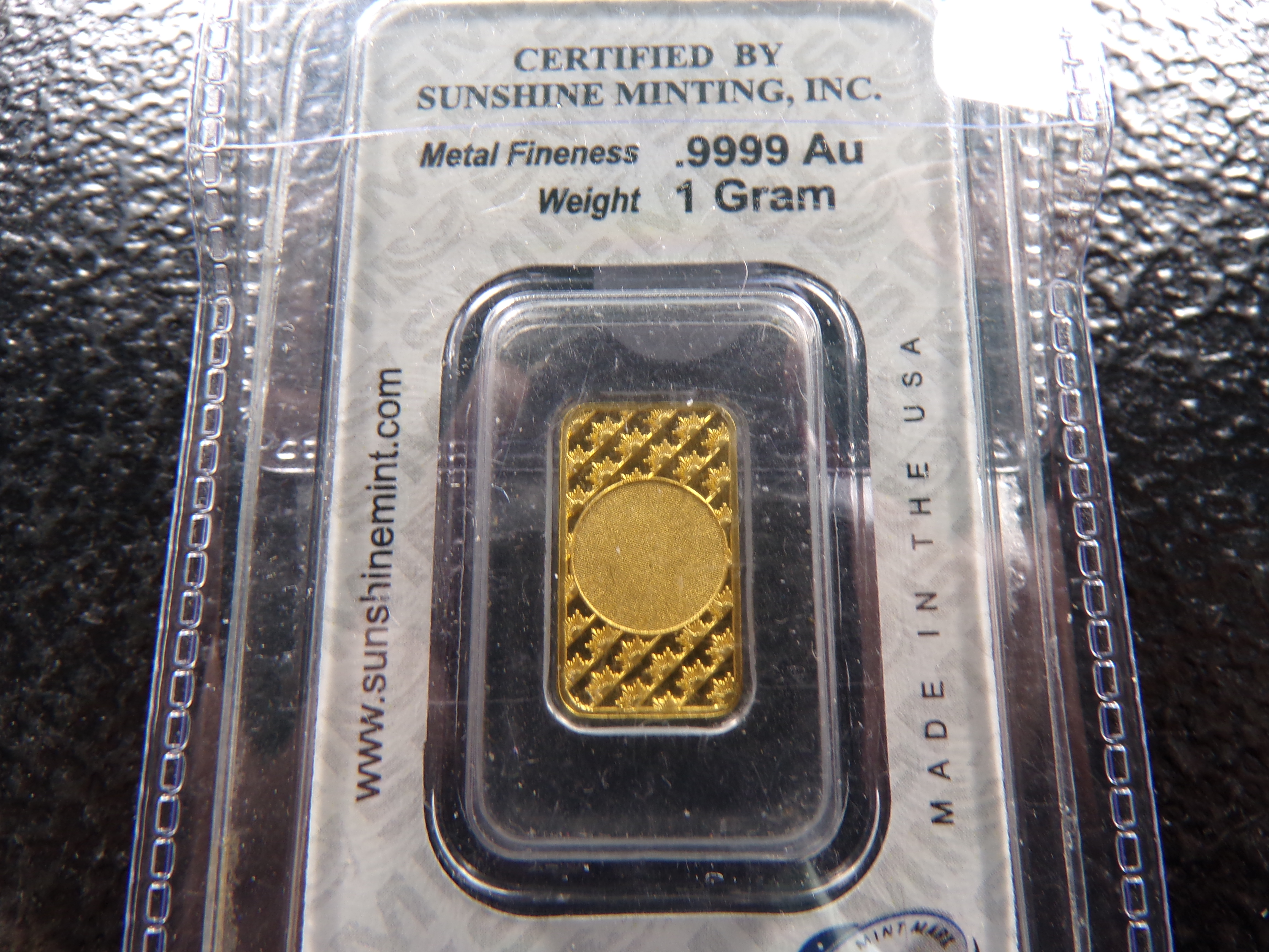 SUNSHINE MINTING 1 GRAM .9999 FINE GOLD BAR