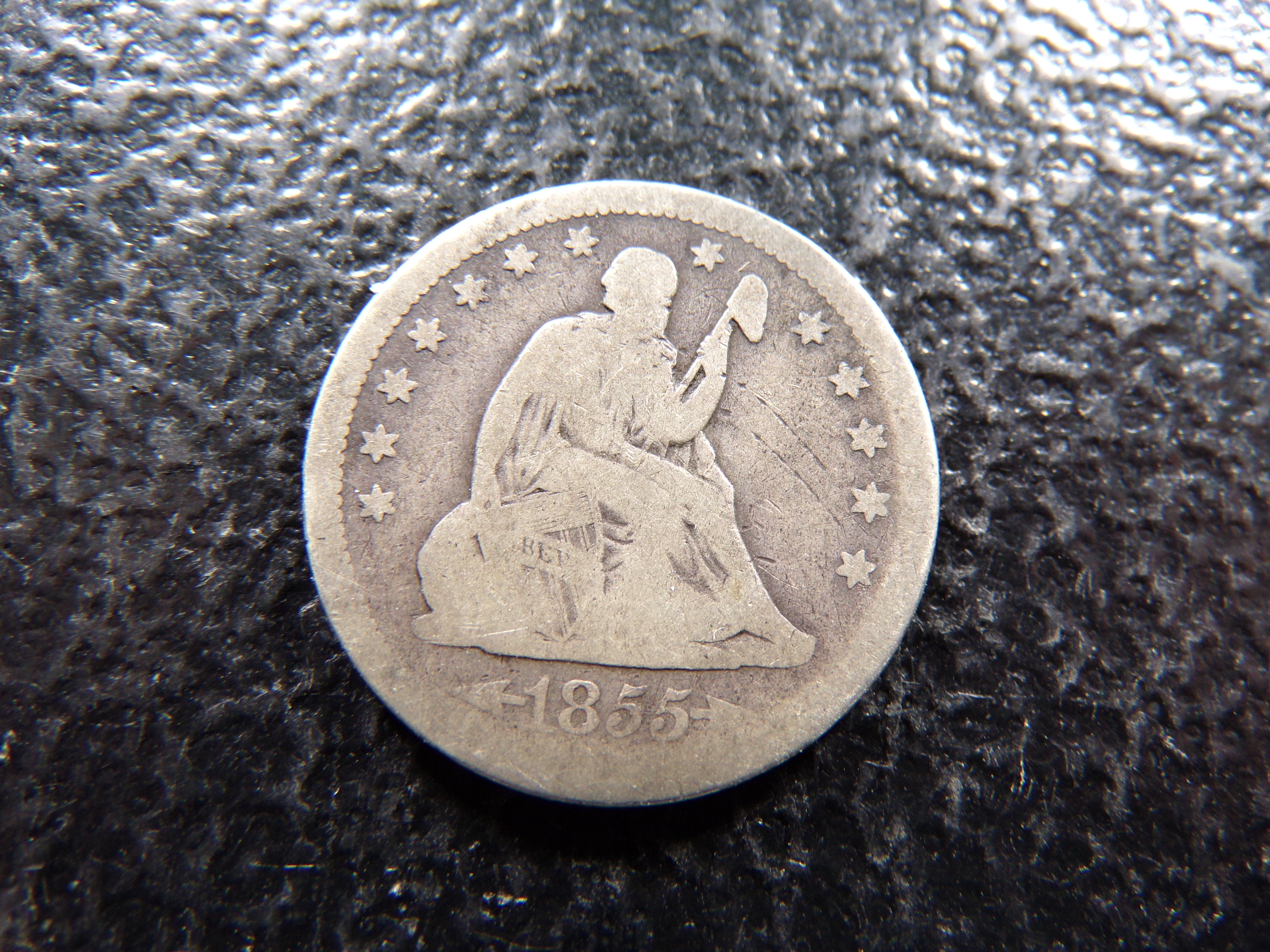1855 W / ARROWS SEATED LIBERTY SILVER QUARTER