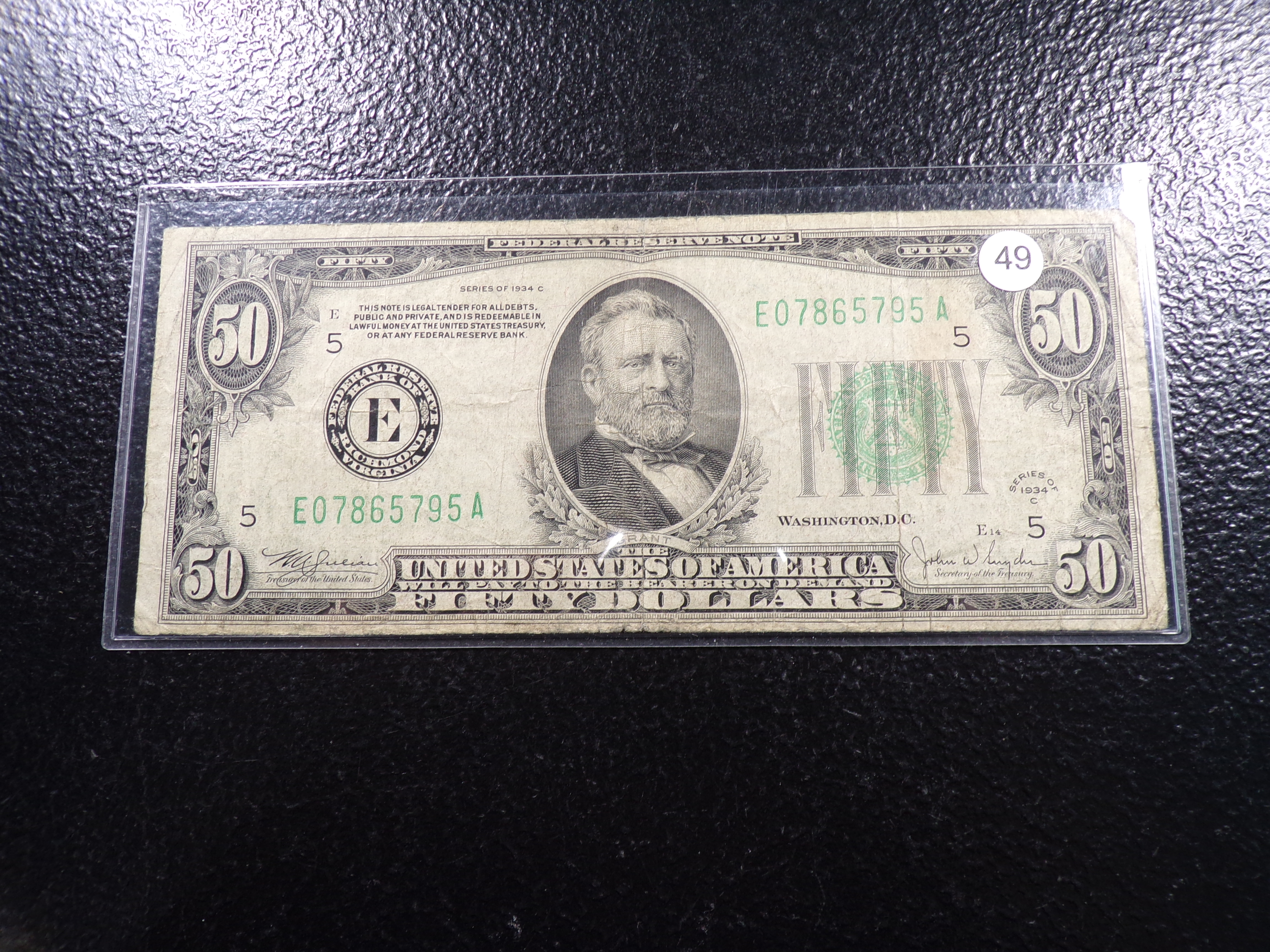 1934-C GREEN SEAL BANK OF RICHMOND, VA. $50 FEDERAL RESERVE NOTE
