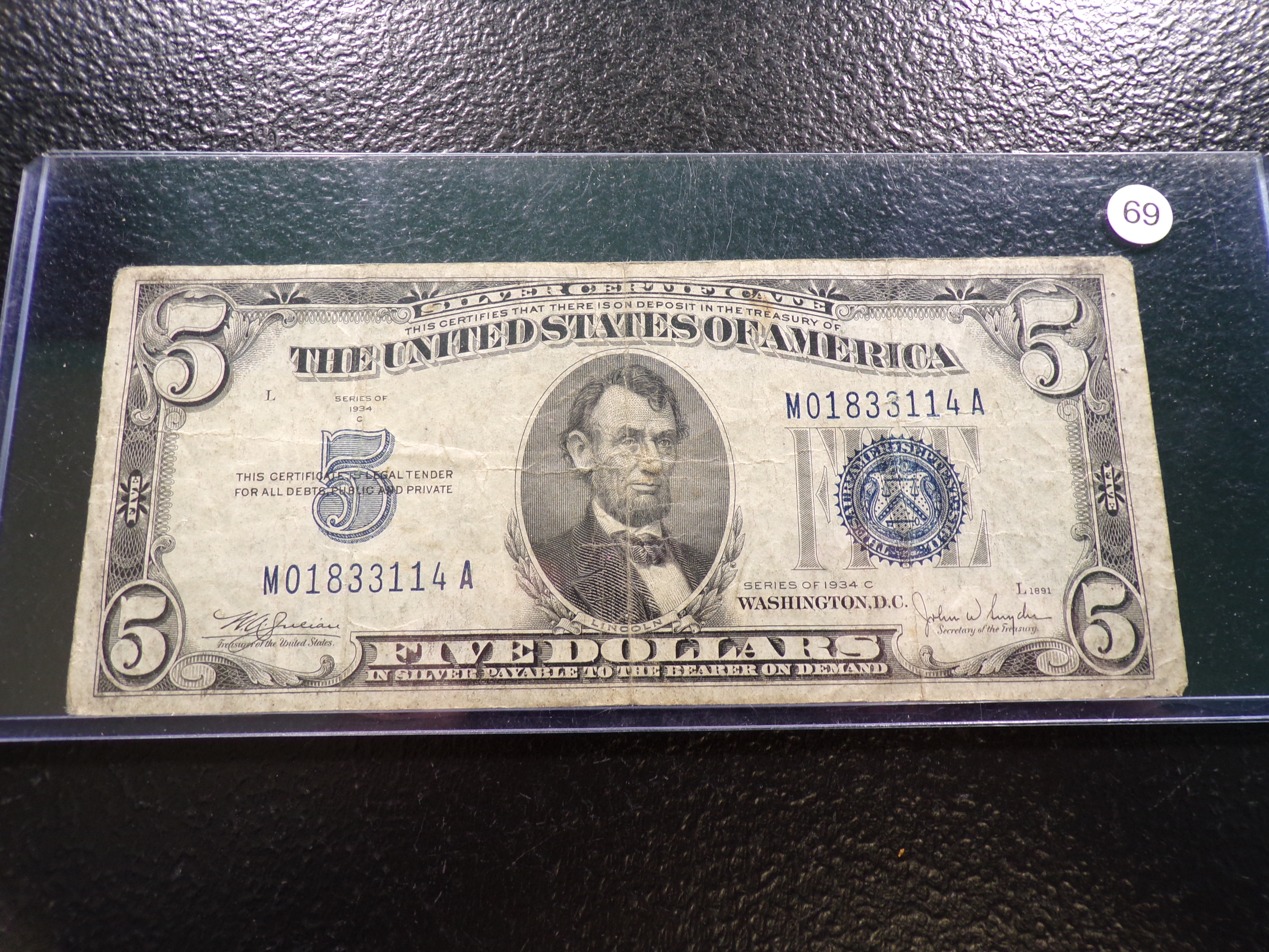 1934-C BLUE SEAL $5 SILVER CERTIFICATE