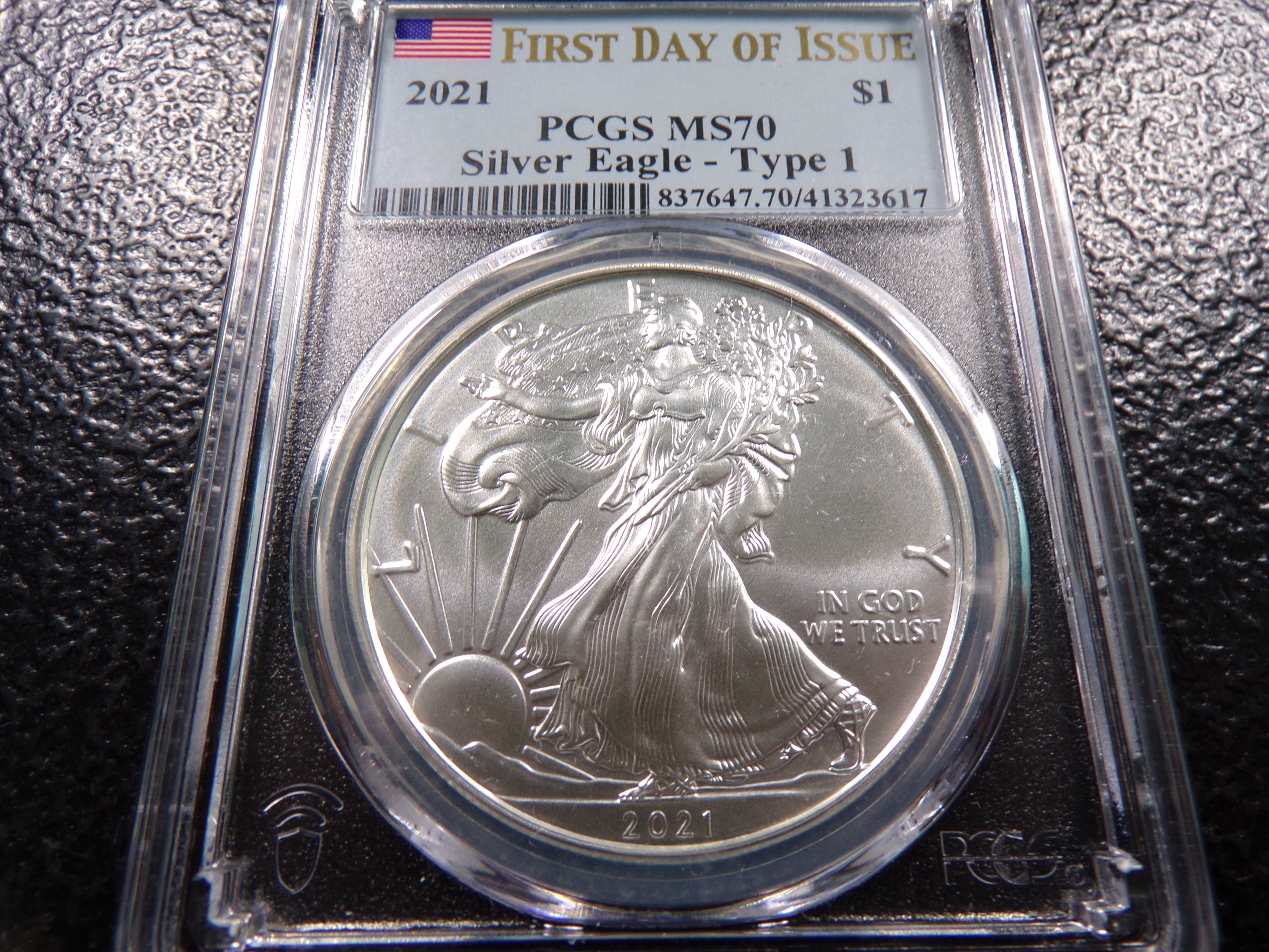 2021 PCGS MS70 TYPE 1 FIRST DAY ISSUE AMERICAN SILVER EAGLE DOLLAR