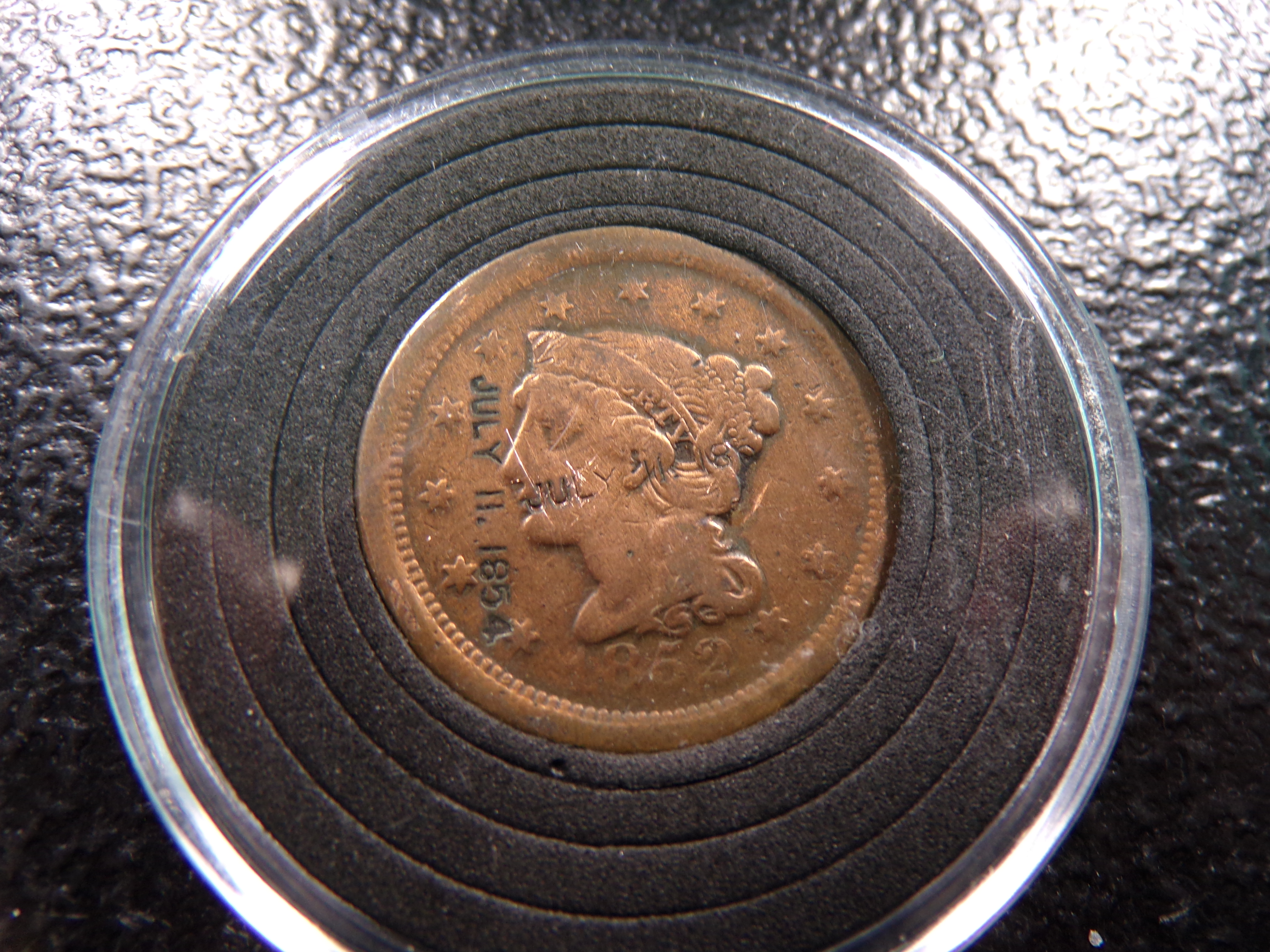 1852 BRAIDED HAIR LARGE CENT STAMPED ON FRONT JULY 11, 1854