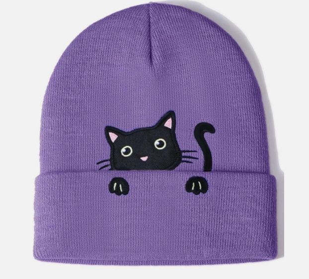 Lot 285: 9 x Purple Knitted Hat with Black Cat Embroidery L19b sku-4709