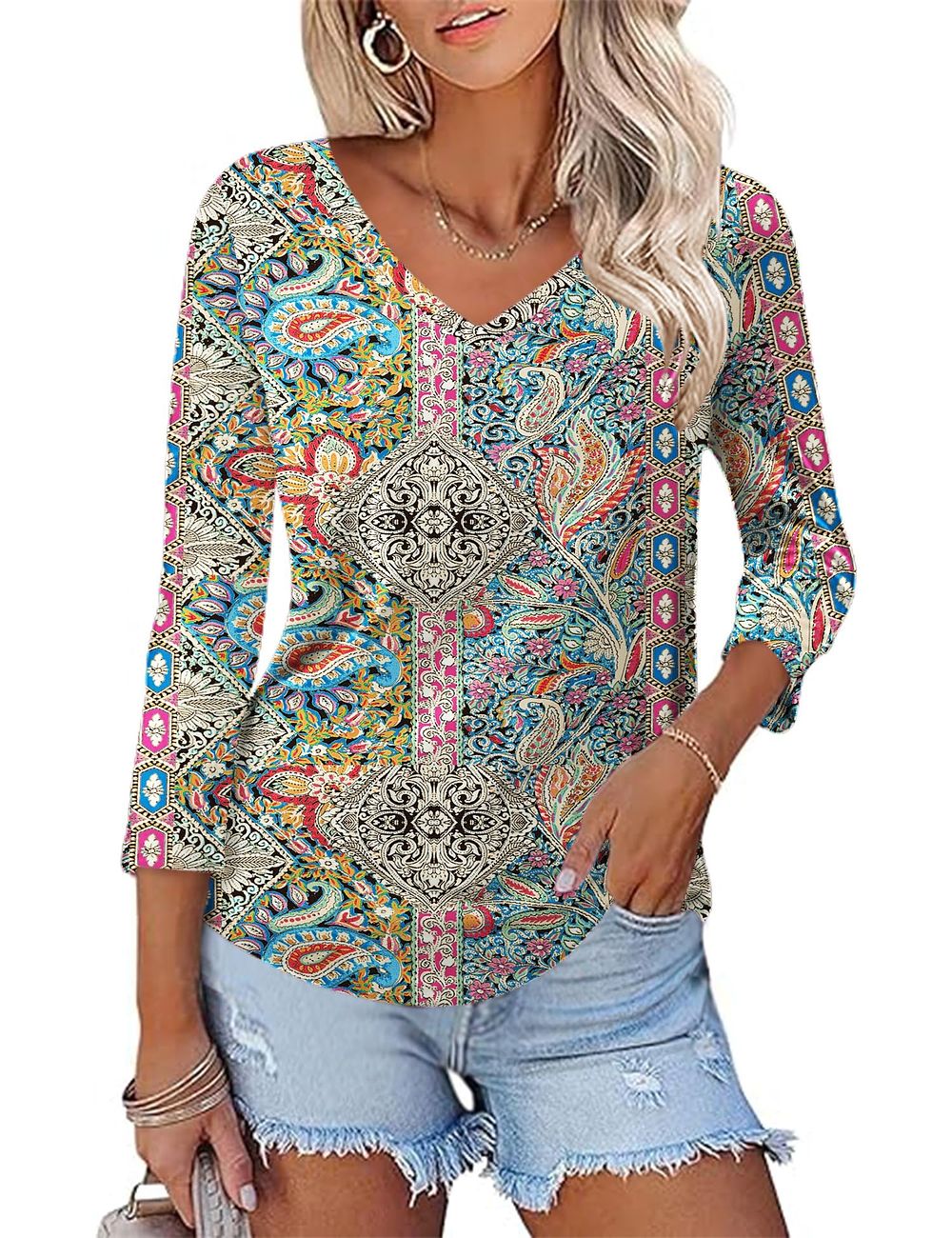 Lot 418: 8 x Womens Tops UK 3/4 Sleeve T Shirts V Neck Shirt Lb32 sku-4788
