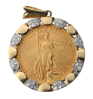 1924 GOLD Double Eagle Diamonds 14k Pendant. $20 Saint Gaudens Double Eagle coin mounted in a 14