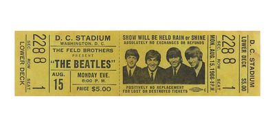 1966 The Beatles Full Concert Ticket PSA 4. Original full ticket to The Beatles' August 15, 1966