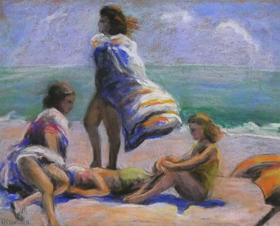 ANDRE GISSON Beach Scene Pastel. Pastel on paper of three young girls on a beach by artist Andre