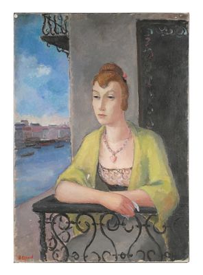 DIETZ EDZARD Painting Woman Balcony. Oil on canvas painting of a woman leaning over a balcony