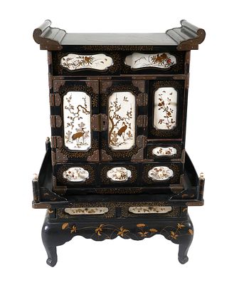 19C Japanese Shibayama Miniature Cabinet. Antique Japanese export black lacquer Shibayama style