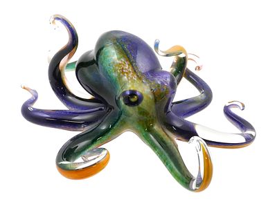 MICHAEL HOPKO Glass Octopus Sculpture. Hand-blown glass octopus sculpture in iridescent blue
