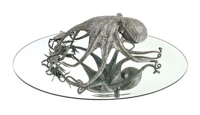 Metal Octopus & Crabs Sculpture on Mirror Base. Sculpture of an octopus grappling two crabs
