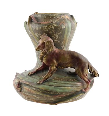 Amphora Art Nouveau Dog Vase. Large Austrian Amphora vase in molded and enameled earthenware