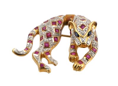 18K Ruby & Diamond Panther Brooch. 18 karat yellow and white gold figural panther pin. Designed