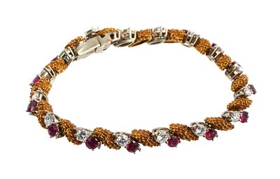 14K Rose Gold Diamond & Ruby Tennis Bracelet. Retro design mid to late 20th century 14 karat
