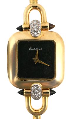 BUECHE GIROD 18K Diamond Watch. Vintage Bueche Girod 14 karat yellow gold, diamond, and onyx
