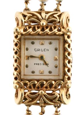 Gruen 14K Gold Women's Watch w/ Pearls. Vintage ladies Gruen Precision wristwatch in 14K yellow