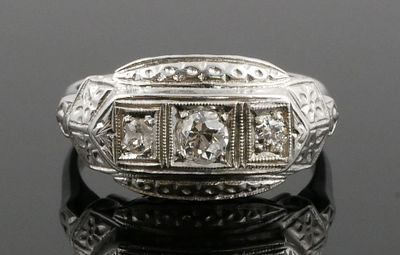 14K Gold Diamond Ring Art Deco. 14 karat white gold Art Deco design ring. Three stone ring