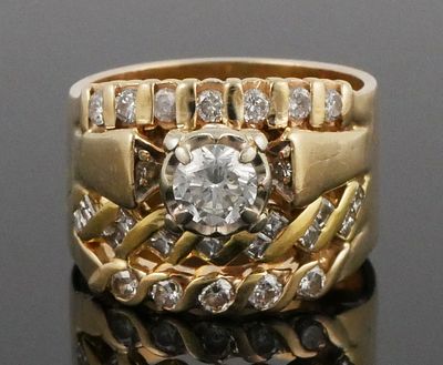 14K Gold Diamond Half Carat Center Stone Ring. 14 karat yellow gold one of a kind four band