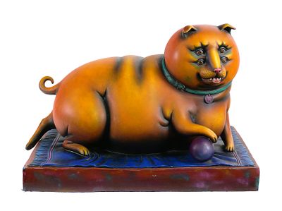 SERGIO BUSTAMANTE Animal Sculpture 31". Massive ceramic sculpture of a dog ... or a cat ... with 