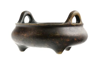Antique Chinese Bronze Tripod Censer, Ming Mark. Bronze tripod censer with upright loop handles 