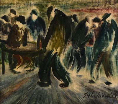 FELIPE DE LA FUENTE Figures Painting. Oil on board painting of figures that appear to be in a 