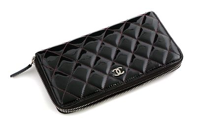 CHANEL Patent Zip Around Wallet COA. Chanel black patent quilted leather, zip around wallet with 