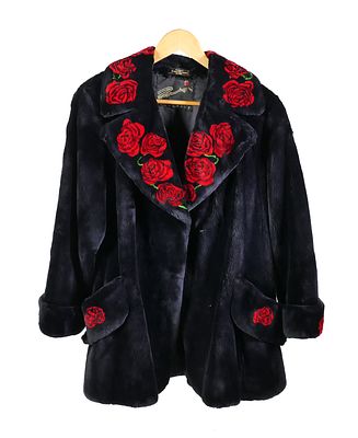 ZUKI Canadian Sheared Beaver Coat. Vintage black sheared beaver coat with floral design. Zuki 