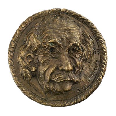 JOSE DE CREEFT, Bronze Medallion Einstein. High-relief bronze plaque or medallion depicting 
