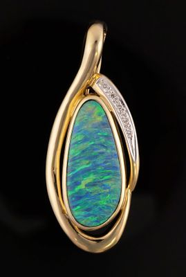 14K Gold Diamond Opal Pendant Enhancer. 14 karat yellow and white gold pendant set with a large 