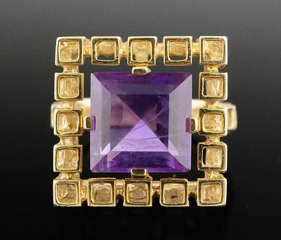14K Gold Amethyst Modernist Ring. 14 karat yellow gold statement ring set with a square cut 