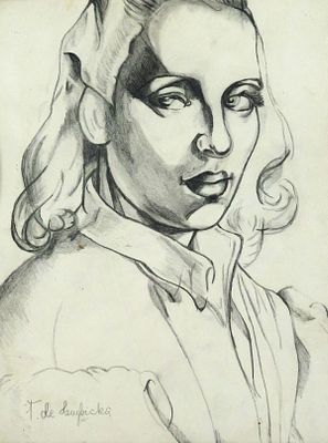 T. DE LEMPICKA Portrait of Woman Drawing. Pencil on paper drawing of a woman with collared shirt 