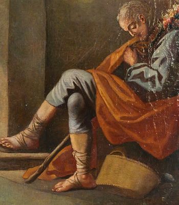 OLD MASTER Painting of Shepherd, Oil/Canvas. Old Master style oil on canvas fragment mounted on 