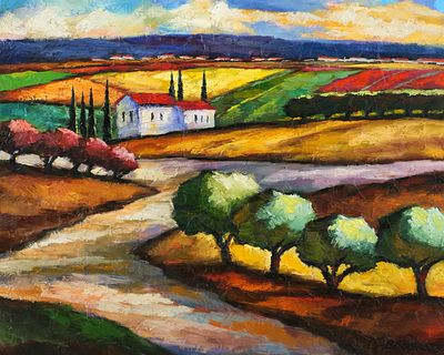 SLAVA BRODINSKY Landscape Painting. Oil on canvas painting of a colorful landscape of rolling 