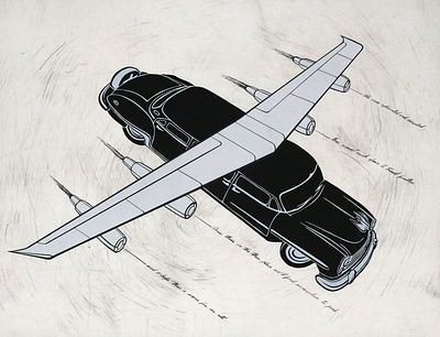 ESTERO SEGURA Chrysler Etching. Etching, screenprint and woodcut of a flying car titled "Todos 