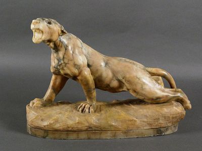 Antique Alabaster Carved Tiger Sculpture 19". Carved alabaster sculpture of a roaring tiger 